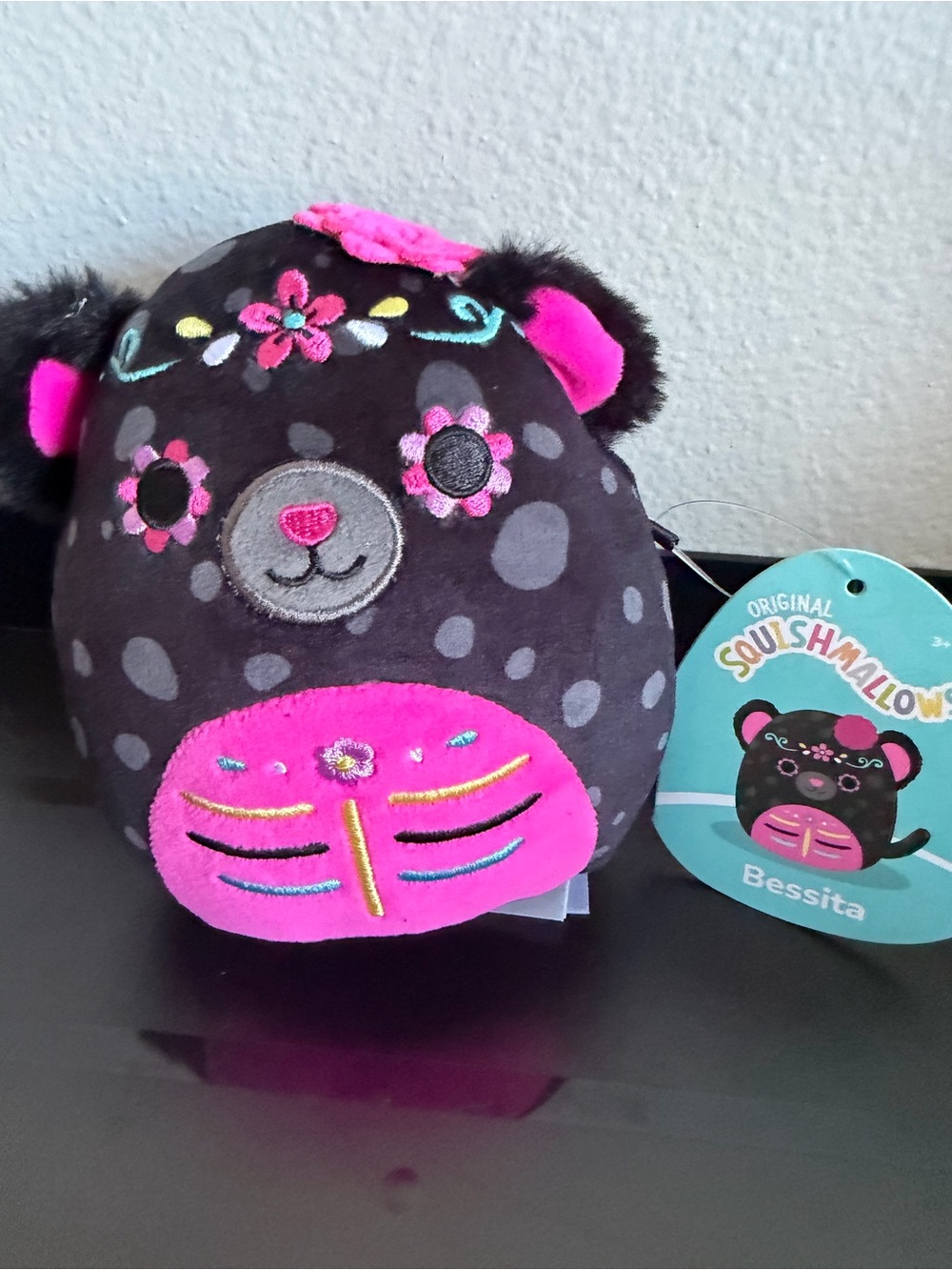 Brand New Squishmallows Bessita Black & Hot Pink Floral Plush